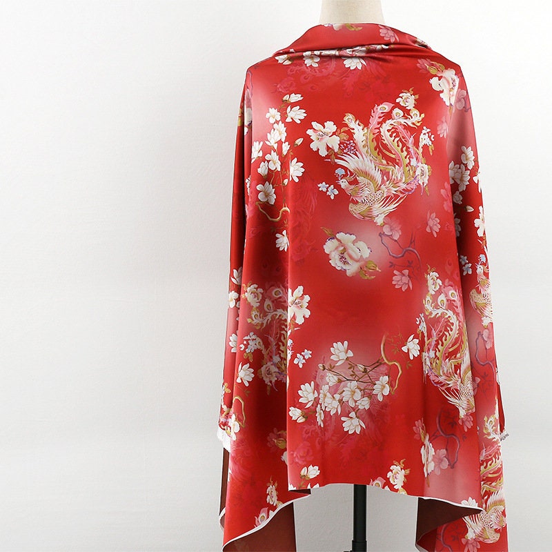Phoenix Tea Silk Satin Fabric: 59"W Digital Print Drapery