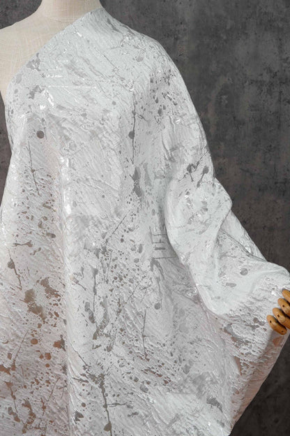 Abstract Splatter Jacquard Fabric: Silver White Embossed Upholstery Material (54" Wide)