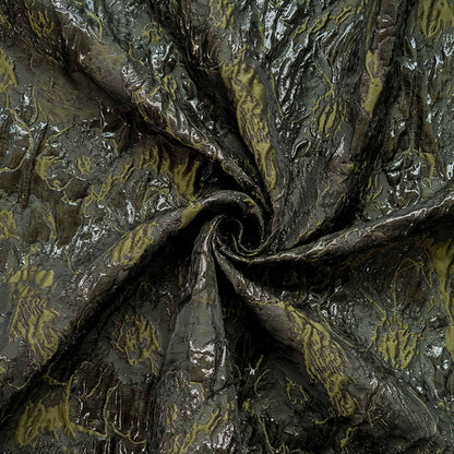 Tissu jacquard vert foncé, texture 3D en relief avec fil doré, largeur 140 cm