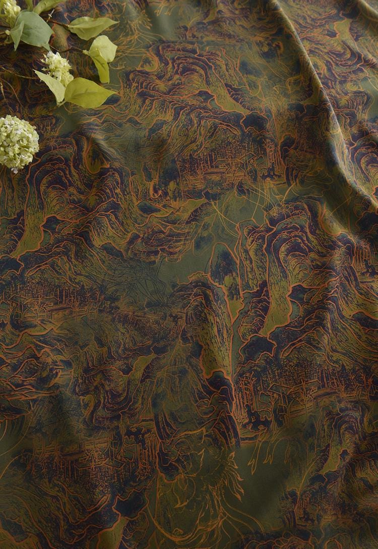 Mountains Ink Painting Cotton Fabric: Drapery, Upholstery, Costume - 55"W