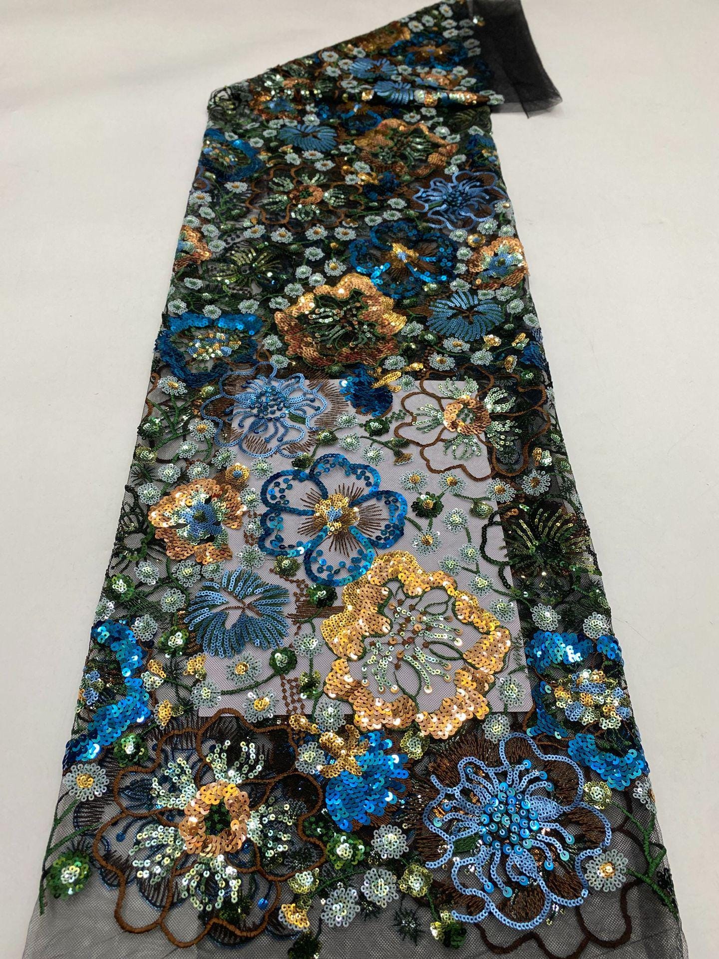 Tissu en dentelle à sequins brodée de fleurs, 124 cm de large