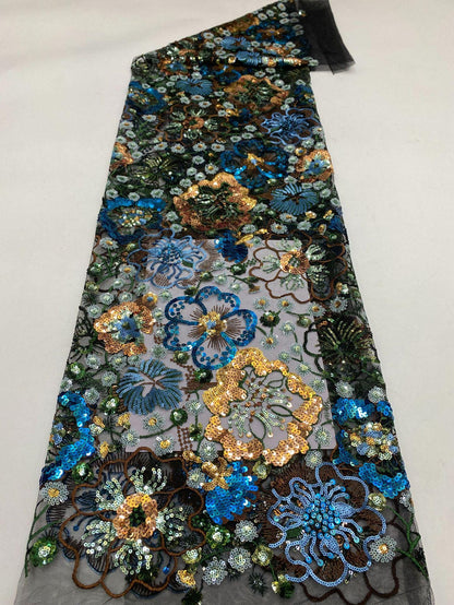 Tissu en dentelle à sequins brodée de fleurs, 124 cm de large