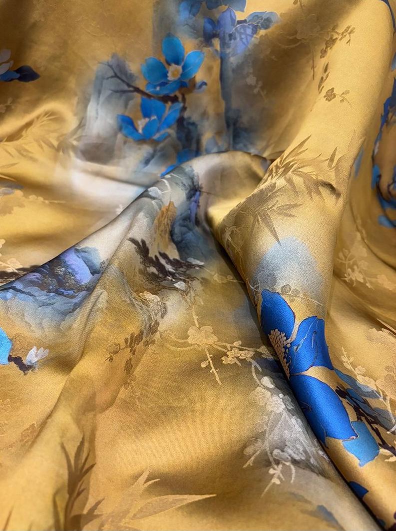 Gold & Blue Floral Tea Silk Satin Fabric: 55"W Digital Print