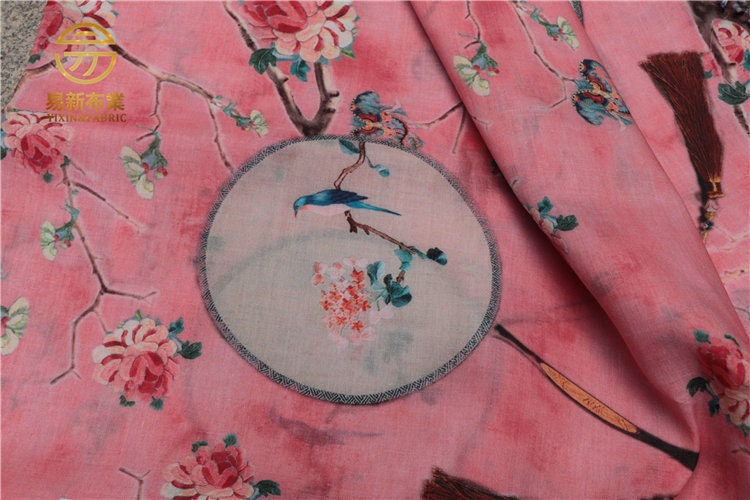 Floral Linen Fabric: Asian Style Pink Upholstery & Sewing Material (55"W)