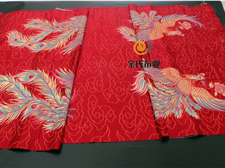 Silk Brocade Fabric: Gold Phoenix Embroidery, Chinese Wedding Cheongsam Pattern