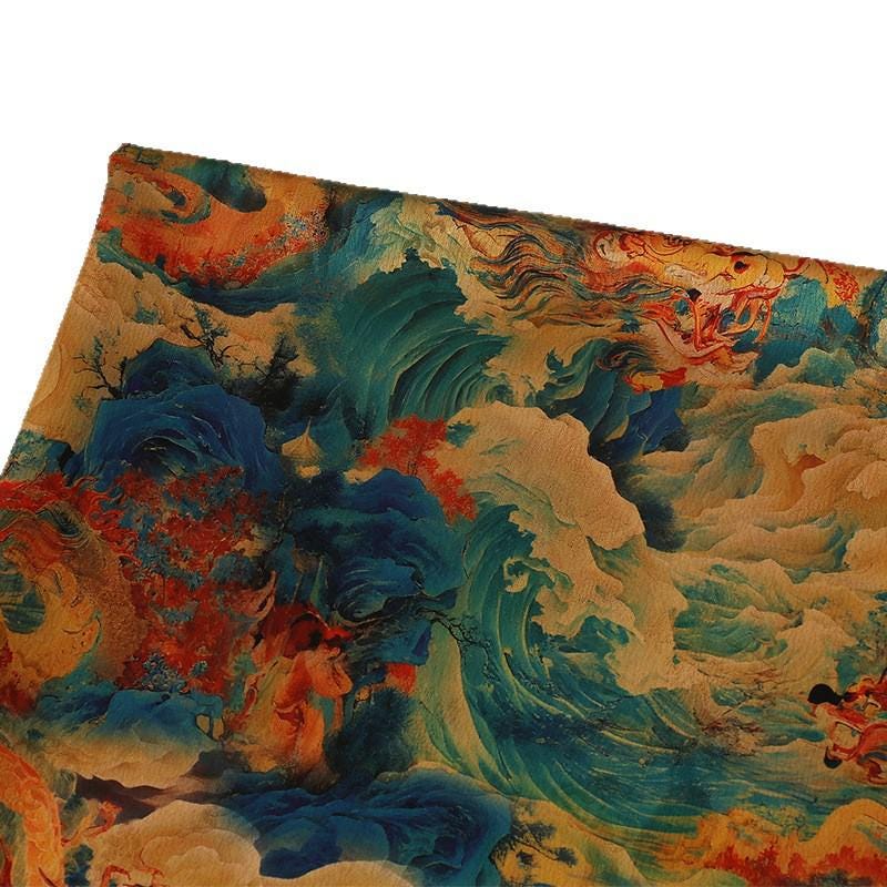 Tea Silk Satin Fabric: Ancient Painting Print, 59" Wide