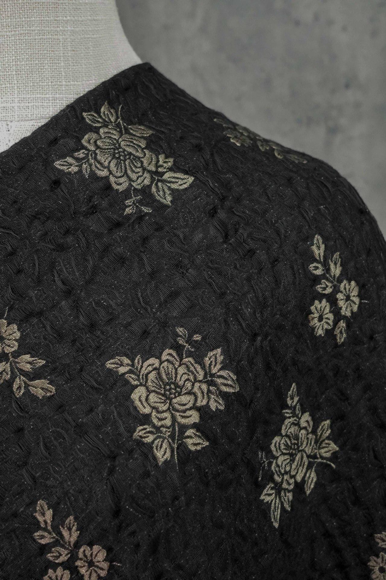 Embossed Jacquard Fabric: Black with Brown Floral Design, 59" Wide