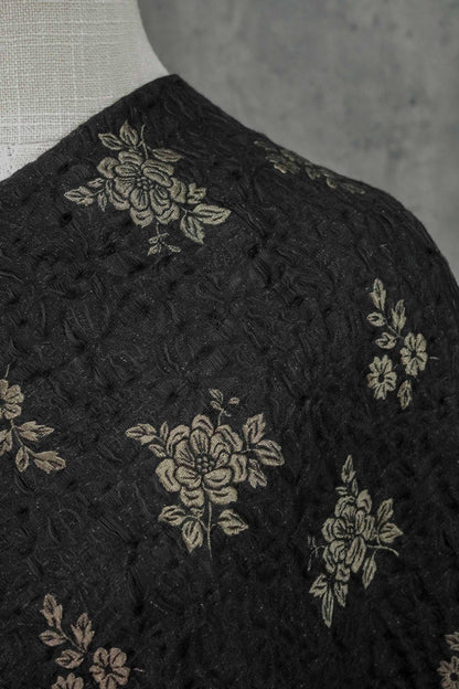 Embossed Jacquard Fabric: Black with Brown Floral Design, 59" Wide