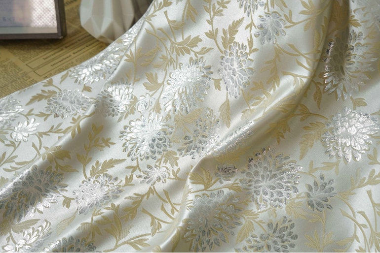 Reversible Floral Jacquard Fabric: Gold Thread Embossed Weave, 65" Wide