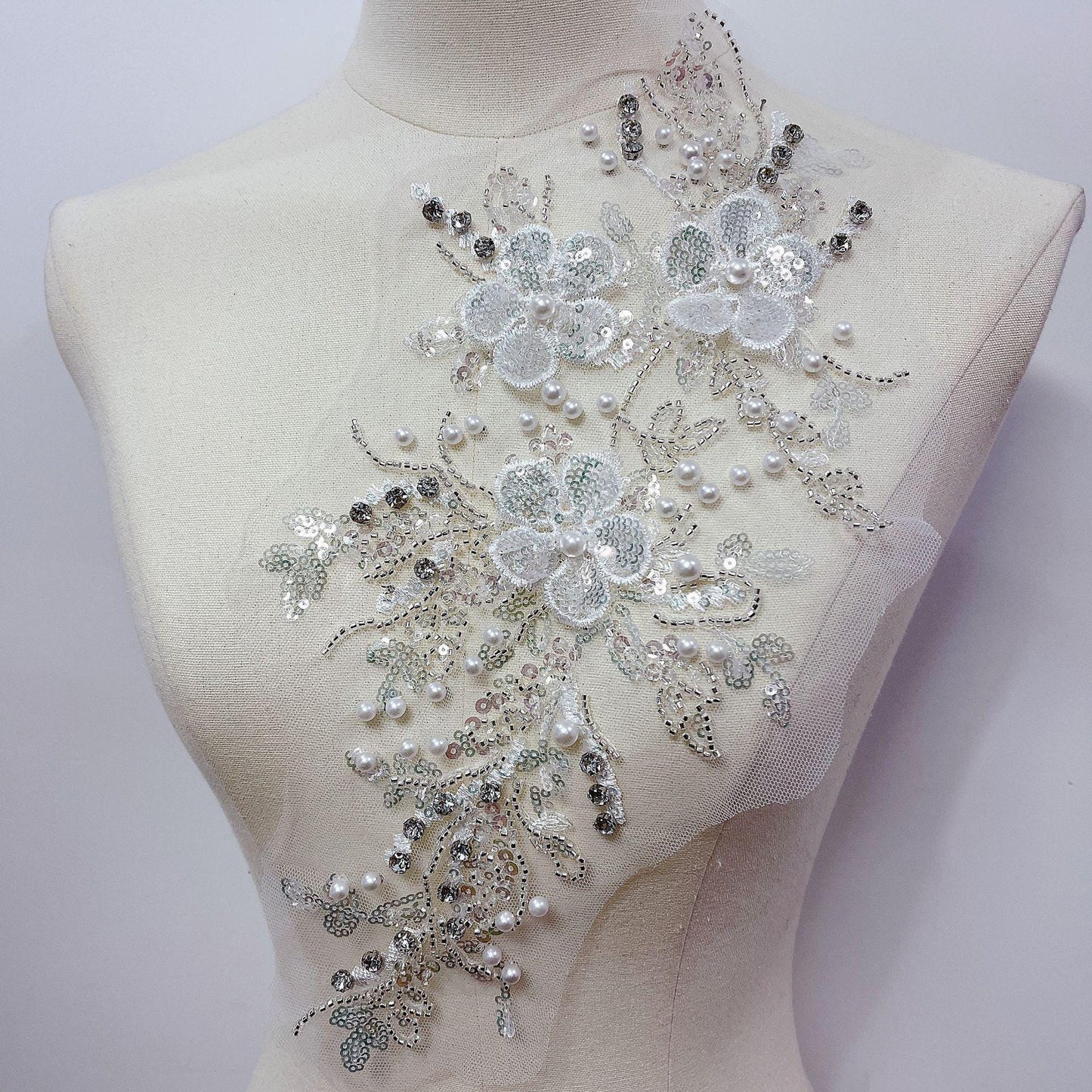 Embroidered Lace Trim: Light Ivory Bridal Applique with Sequins (By Pair)