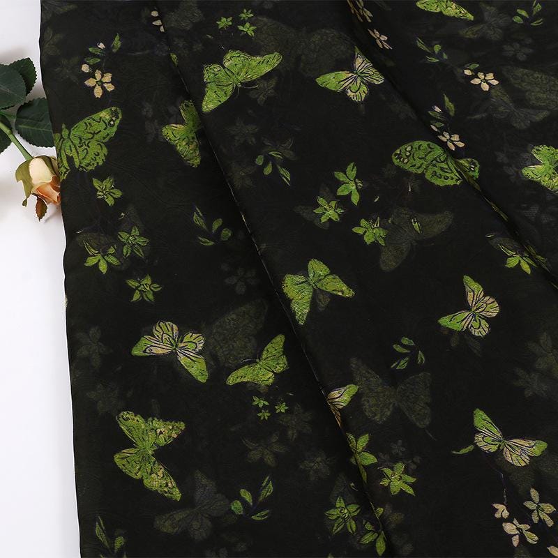 Black Base Butterfly Print Lustrous Rayon Silk Jacquard Fabric - 59" Wide