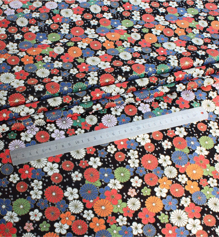 Japanese KINRAN Floral Fabric: Black Silk Rayon Blend, 59" Wide