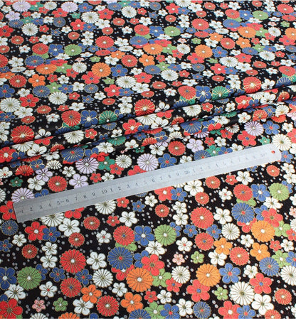 Japanese KINRAN Floral Fabric: Black Silk Rayon Blend, 59" Wide