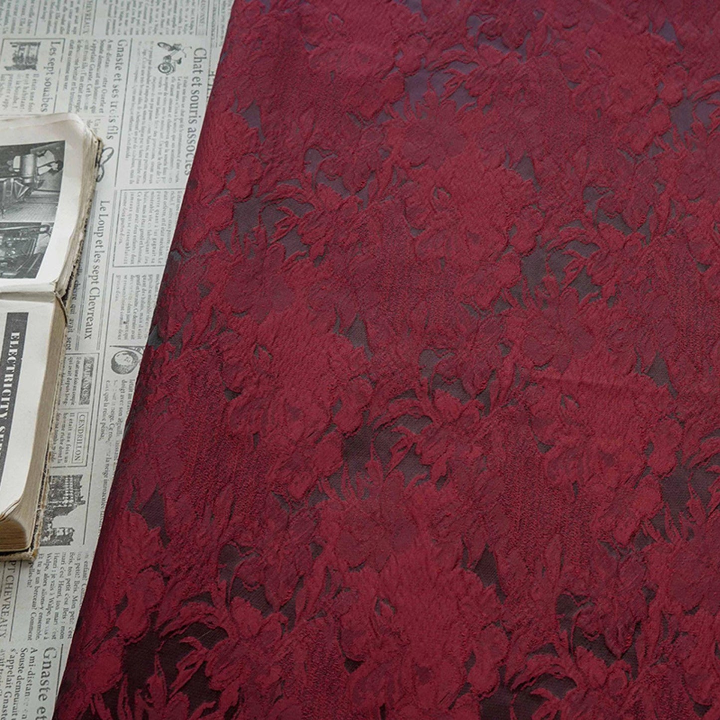 Luxurious Vintage Dark Red 3D Floral Woven Jacquard Fabric, 58"Wide