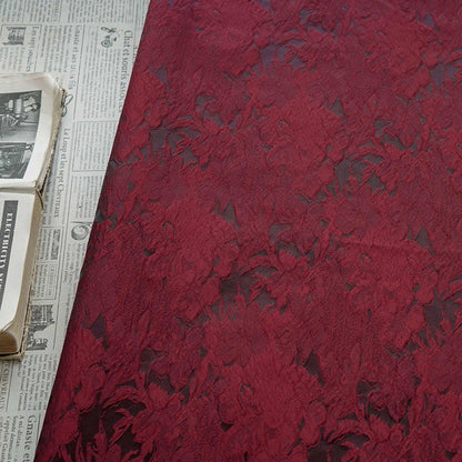 Luxurious Vintage Dark Red 3D Floral Woven Jacquard Fabric, 58"Wide
