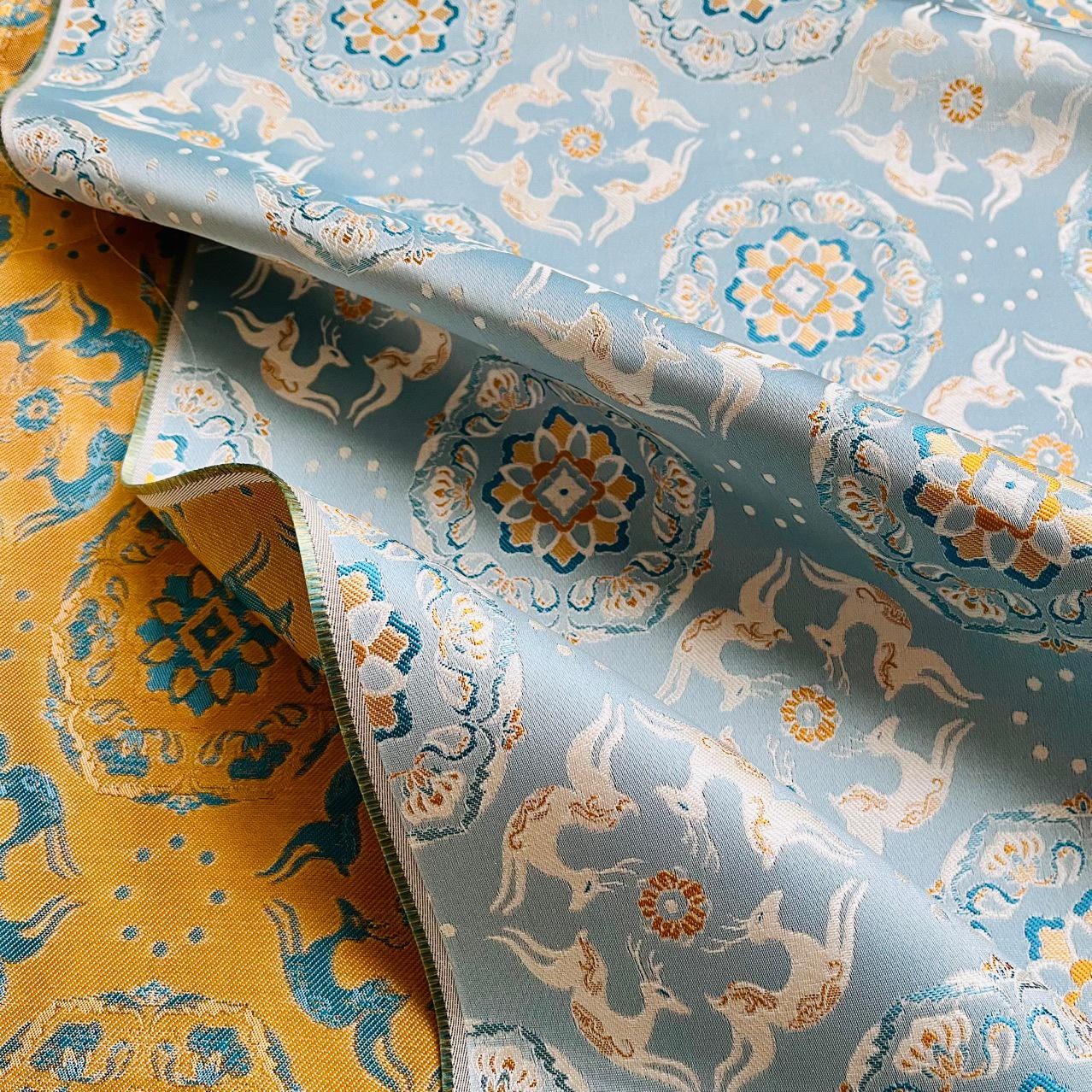 Blue Mongolian Brocade Fabric: 59" Wide, Tibetan Gown Sewing Fabric