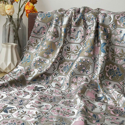 Floral Bird Satin Fabric: 59" Wide Rayon Drapery Material