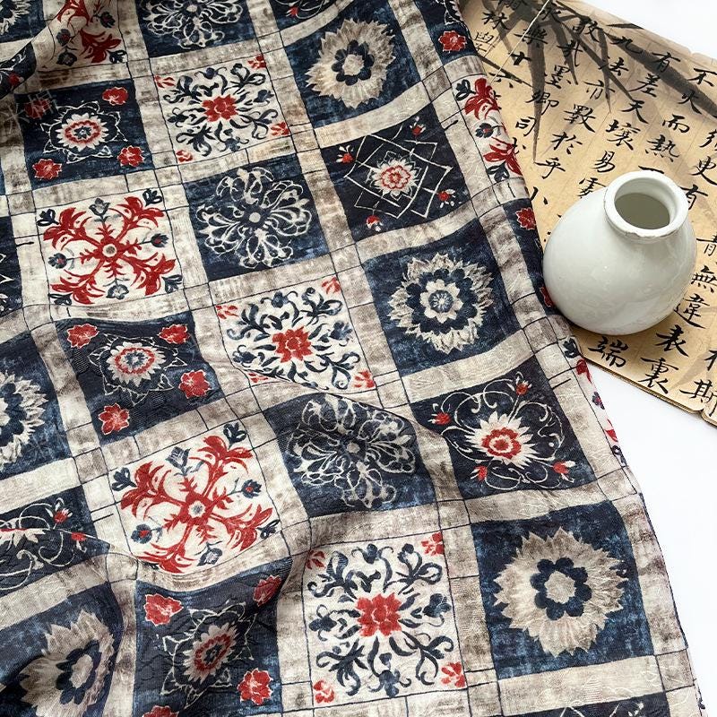 Dunhuang Indigo-Red Tencel Jacquard Brocade Fabric: Asian Chinese Style Tencel (59"W)