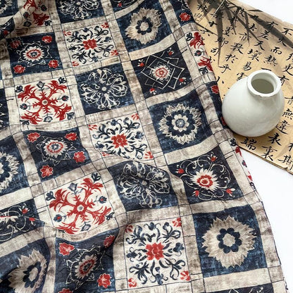 Dunhuang Indigo-Red Tencel Jacquard Brocade Fabric: Asian Chinese Style Tencel (59"W)