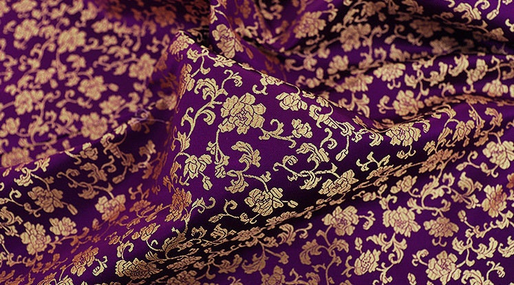 Damask Brocade Fabric: 35"W Chinese Floral Jacquard Satin, Rayon by the Meter