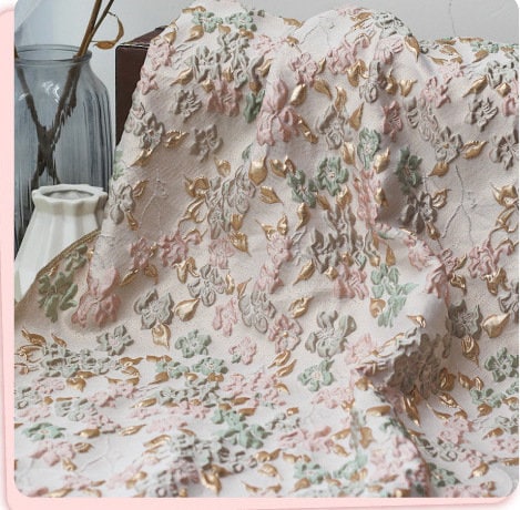Jacquard Flower Fabric: Gold Embossed 3D Bubble Design, 55" Wide