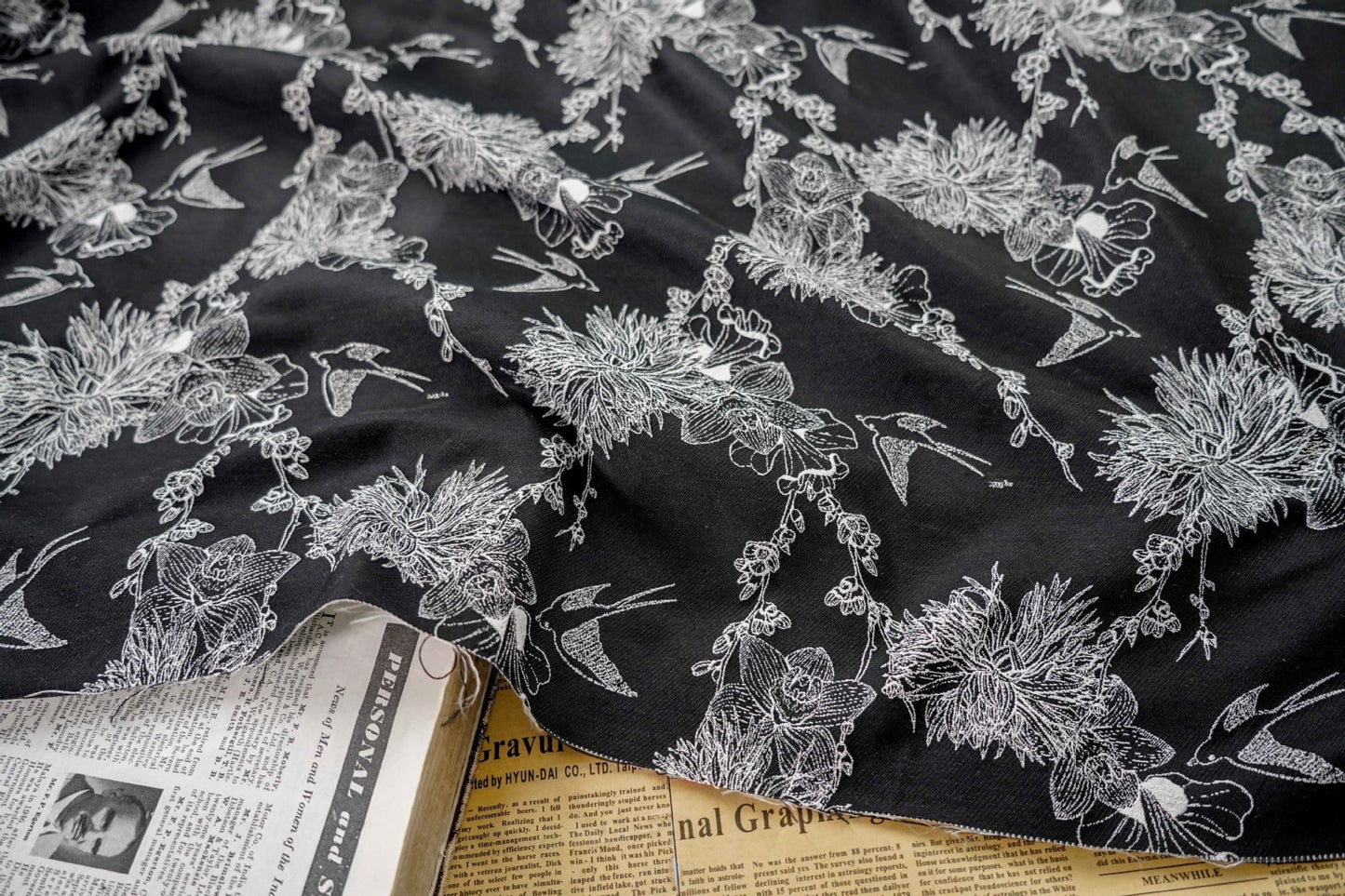 Magpie & Flower Jacquard Fabric: Palace Style Rayon Blend, 55"W
