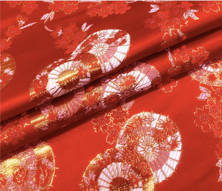 Tissu brocart jacquard pour parapluie japonais : kimono en rayonne de soie rouge, ameublement (150 cm de large)