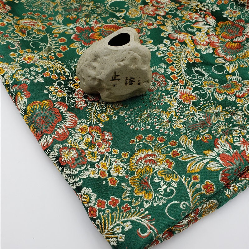 Peony Flower Silk Brocade Fabric: Dark Green Upholstery, Costume, Decor - 57"W