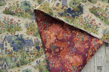Pastoral Oil Painting Style Jacquard Fabric, Countryside Houses & Floral Weave, 56"Wide