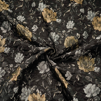 Black Floral Jacquard Fabric: Vintage 3D Designer Material, 65" Wide