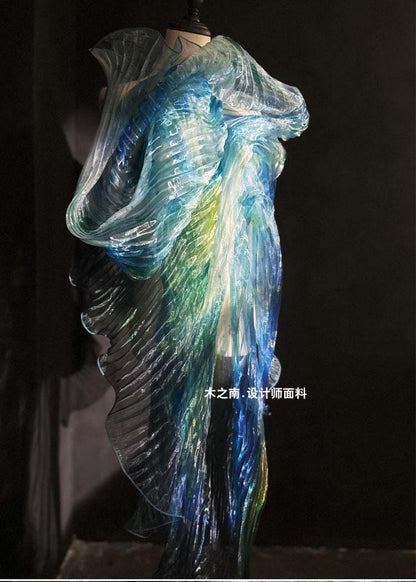 Smudged Sea Wave Organza Fabric: Accordion Pleated Laser Design, 55" Wide
