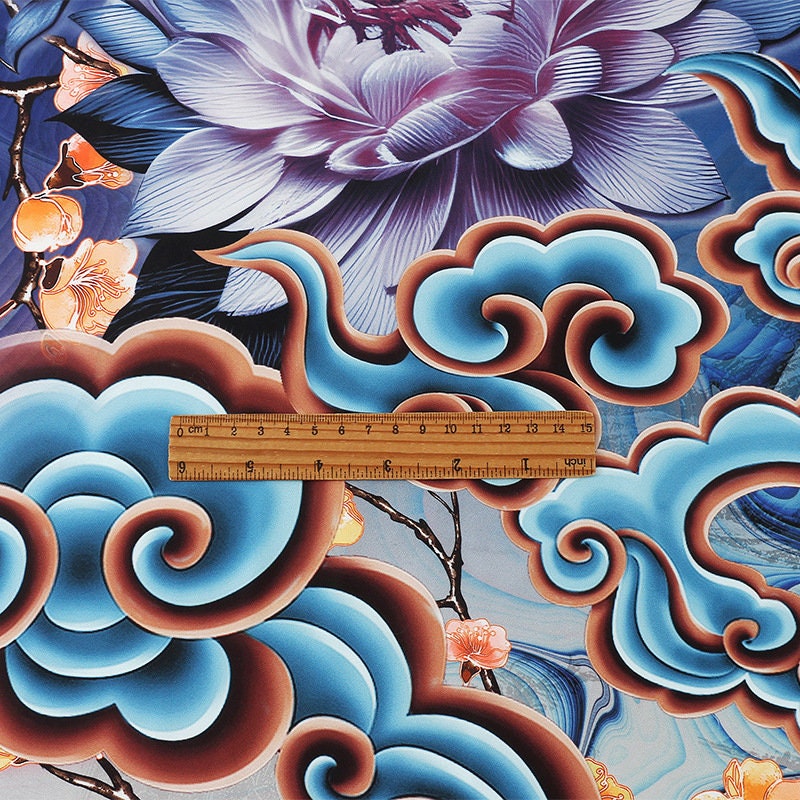 Auspicious Cloud Tea Silk Satin Fabric: 59"W Digital Print