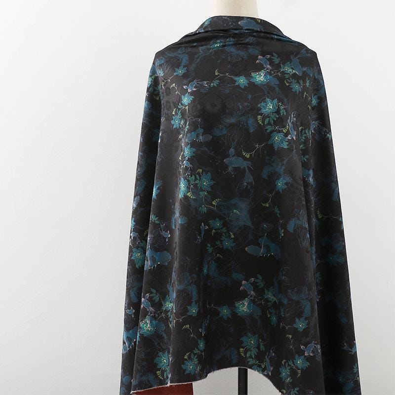 Floral Tea Silk Satin Fabric: Ancient Tuberose Print, 59" Wide
