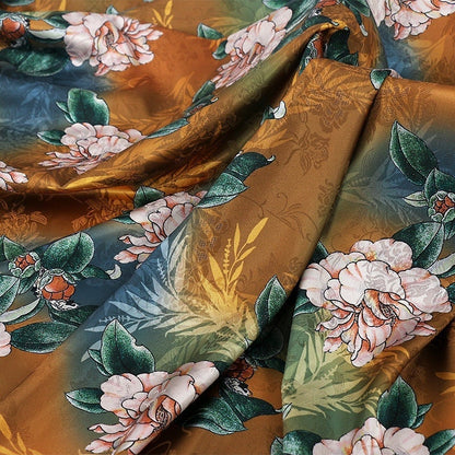 Peony Tea Satin Silk Fabric: 59"W Digital Print Sewing Material