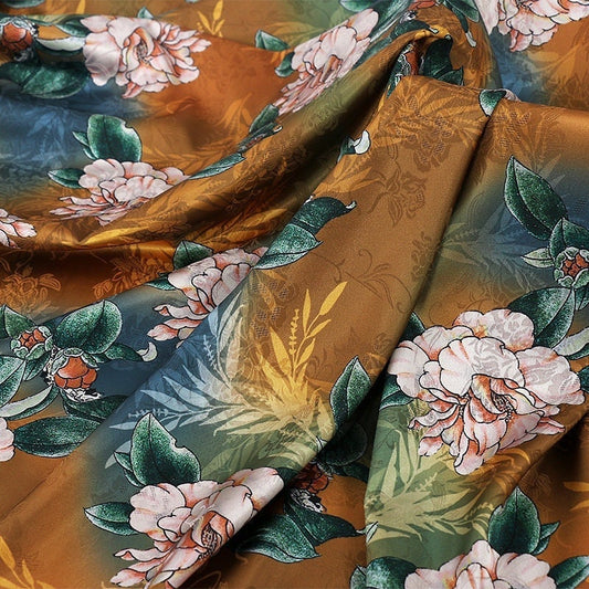 Tissu satiné en soie « Pivoine Thé » : 150 cm de large, imprimé numérique, pour la couture