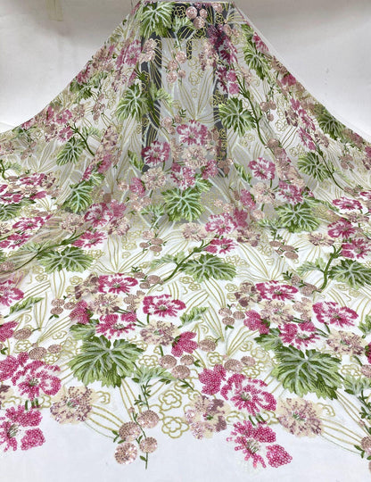 Peony Sequin Embroidery Fabric: Colorful Floral Dress Material (50"W)