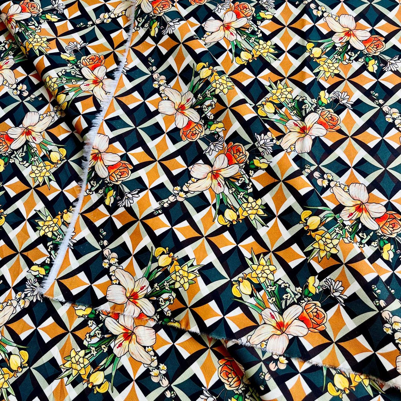 Floral Cotton Fabric: 60s Style Print, 59" Wide, Sewing & Upholstery