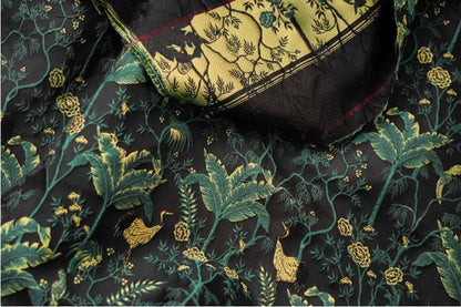 Dark Green Jacquard Fabric: Gold Thread 3D Designer Fabric, 65" Wide