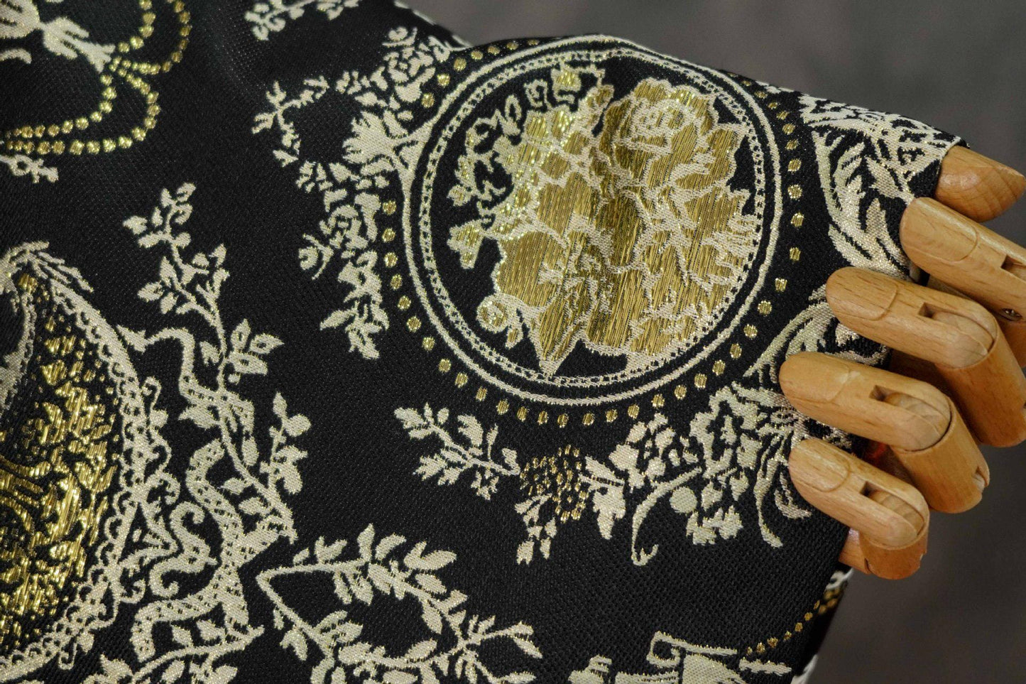 Black Gold Floral Jacquard Fabric: European Court Style Upholstery, Dresses, Decor (57" Wide, Meter)