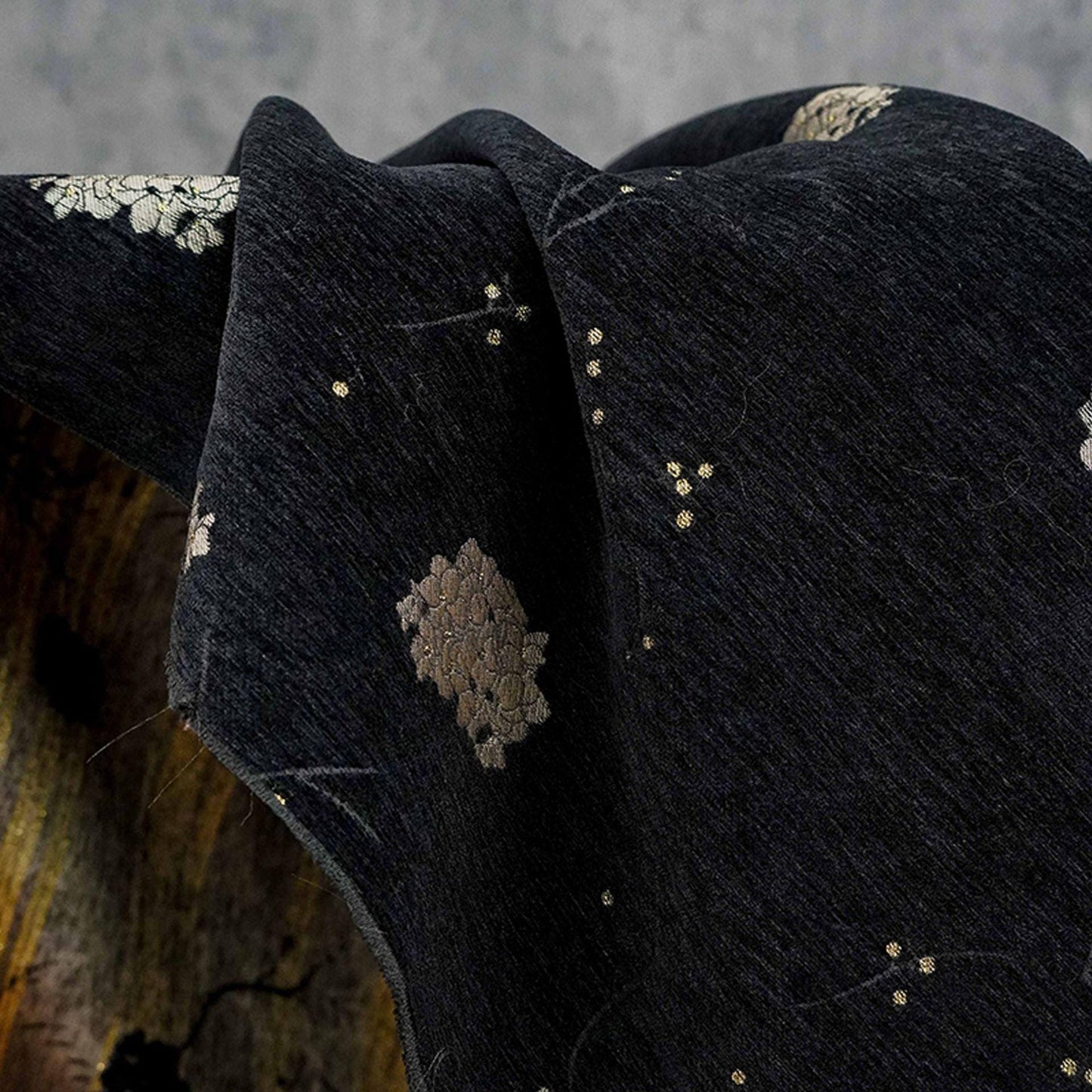 Retro Floral Chenille Jacquard Upholstery Fabric - Gold Thread, 60" Wide
