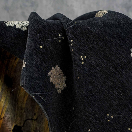 Retro Floral Chenille Jacquard Upholstery Fabric - Gold Thread, 60" Wide