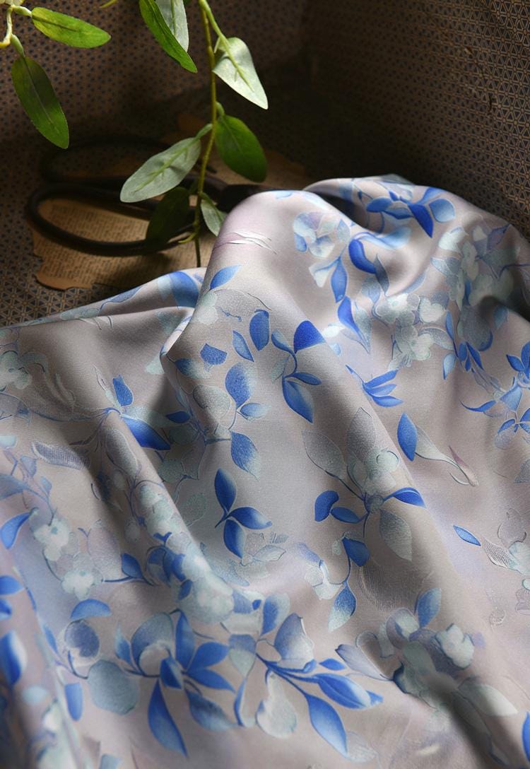 Gray Blue Cotton Sateen Fabric: Snowy Elegance Print, 55" Wide