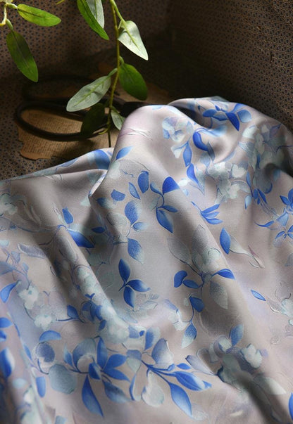 Gray Blue Cotton Sateen Fabric: Snowy Elegance Print, 55" Wide