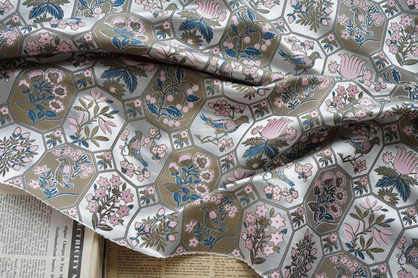 Floral Bird Satin Fabric: 59" Wide Rayon Drapery Material