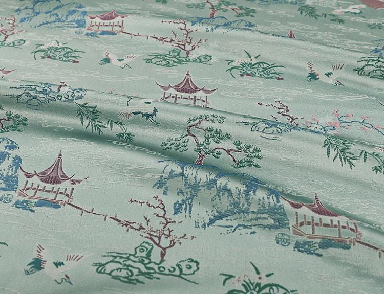 Tissu brocart Nishijin : Kimono Garden bleu aqua, 150 cm de large