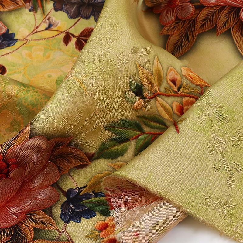 Peony Floral Rayon Silk Fabric: Chinese Print Dressmaking Material, 59" Wide