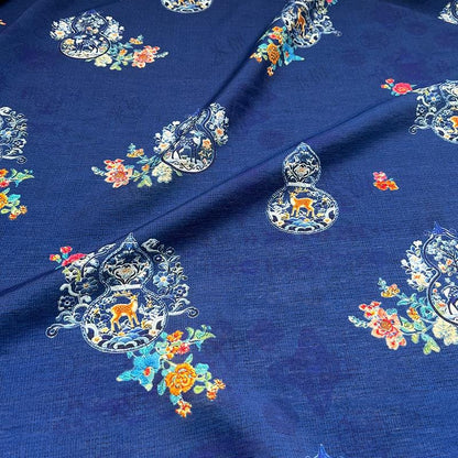 Royal Blue ���Fu Lu��� Floral Chinese Style Digital Print Cotton Brocad" Wide