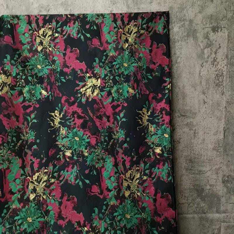 Vintage Iridescent Floral Jacquard Fabric: Metallic Gold Thread, 66"W