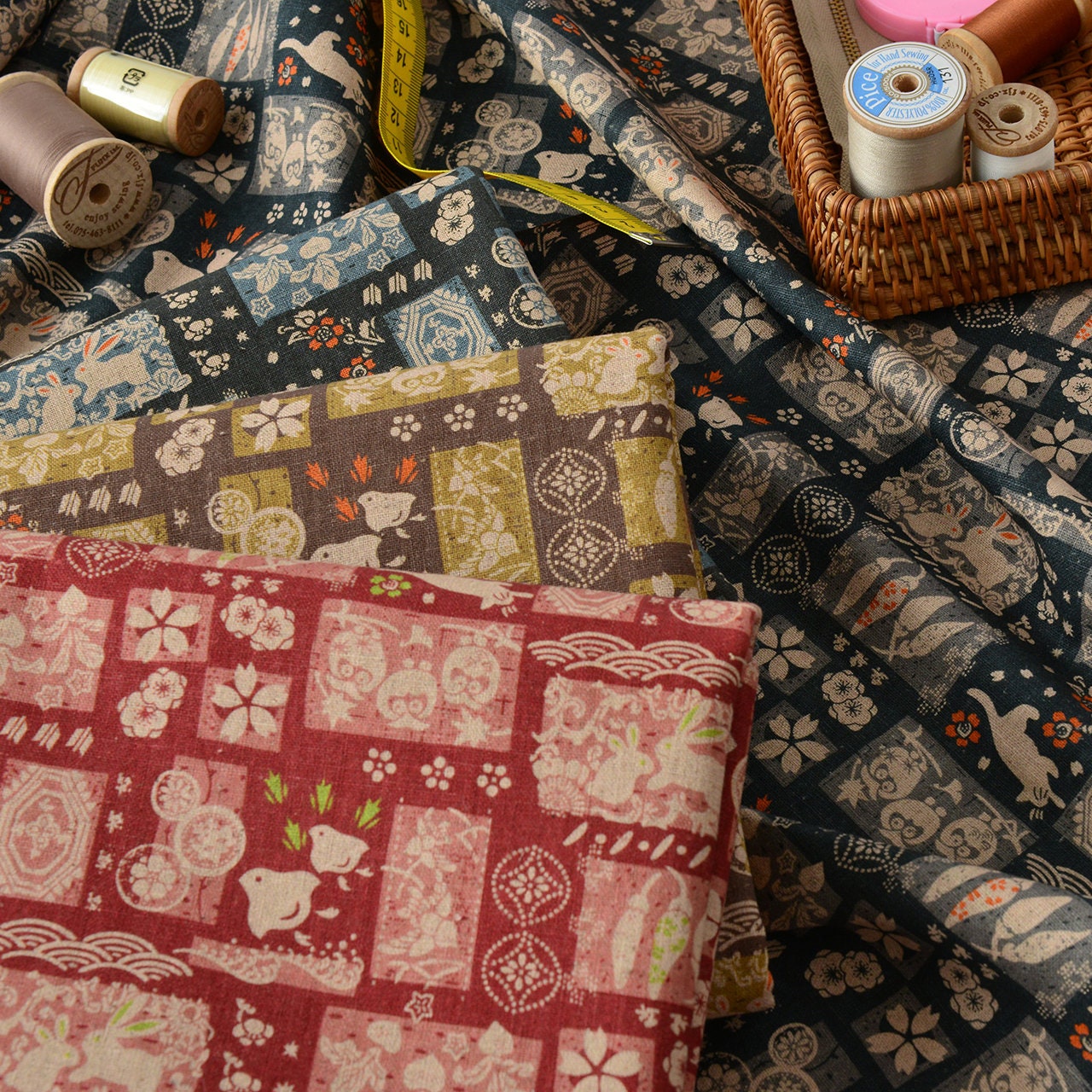 Japanese Cotton Linen Fabric: Patchwork Print for Sewing & Upholstery