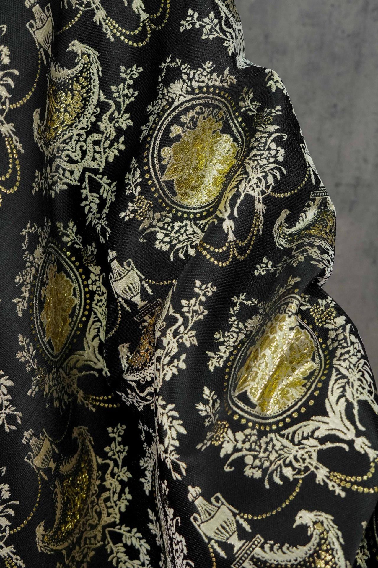Baroque Floral Jacquard Fabric: Black Gold Upholstery Material - 55"W